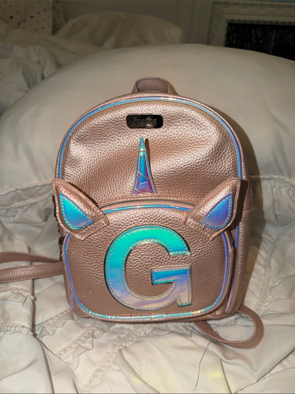 Metallic Rose Gold Mini Backpack with Iridescent 'G' & Unicorn Detail